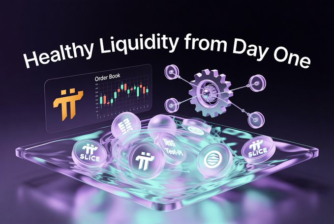 A promotional graphic for the Pi Network titled 'Healthy Liquidity from Day One' showing a Pi order book, gears, and various token icons including SLICE on a holographic platform.