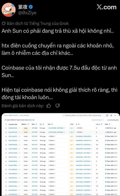 A Vietnamese-language social media post by '紫夜 @xXZiye' discussing Sun Yichen and Coinbase, with an attached screenshot of a token transfer history table.