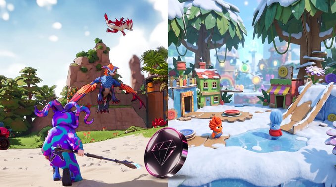 A split-screen image showing video game scenes: the left side features a colorful purple creature with a staff, an orange furry character with bat-like wings, and a red flying creature in a tropical setting, while the right side shows a snowy village scene with small blue and red figures near a frozen pond.