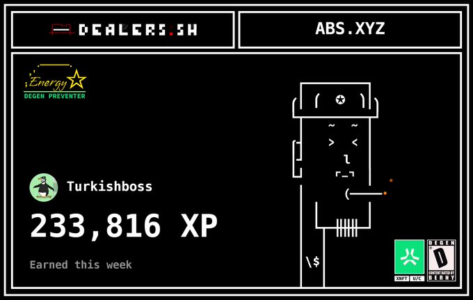 A dashboard from DEALERS.SH/ABS.XYZ displays a user 'Turkishboss' with 233,816 XP earned this week, featuring a pixel-art robot mascot and Energy/Regen Berry icons.