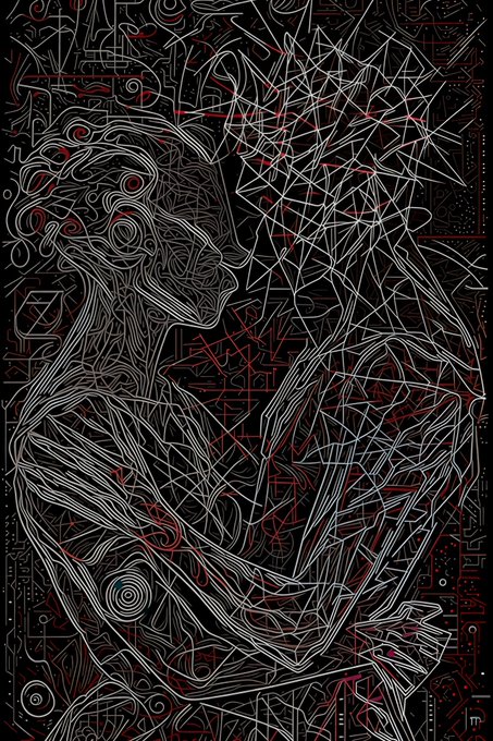 A complex black, white, and red abstract line drawing depicting stylized faces and geometric patterns.