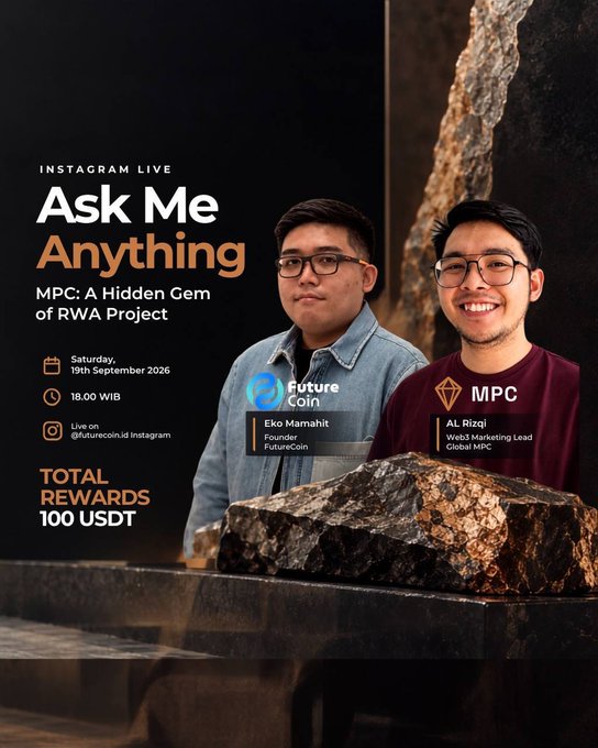 A promotional flyer for an 'INSTAGRAM LIVE Ask Me Anything' event featuring Eko Mamahit (Founder of FutureCoin) and AL Rizqi (Web3 Marketing Lead of Global MPC) on Saturday, 19th September 2026 at 18.00 WIB, offering 'TOTAL REWARDS 100 USDT'.