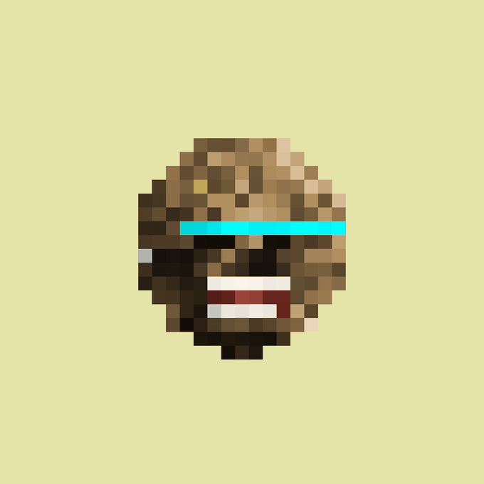 A pixel art portrait of a face with a glowing cyan visor, set against a pale yellow background. The image illustrates the creator's achievement of generating every pixel programmatically through code via the Facets art engine, rather than hand-painting each block for the Adam tribute.