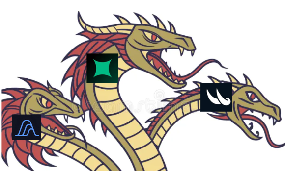 A three-headed dragon illustration with green, white, and blue symbols overlaid on each head.