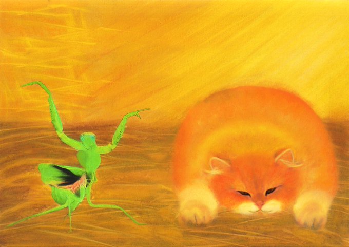 Whimsical digital artwork depicting a green praying mantis facing a sleeping orange and white cat on a wooden surface with warm golden lighting.