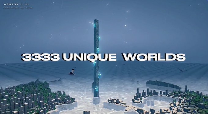 A Minecraft promotional image displaying '3333 UNIQUE WORLDS' over a snowy landscape with a tall illuminated tower.