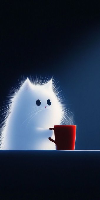 An illustrated white cat sits beside a steaming red mug against a dark blue background in a cute, stylized design.