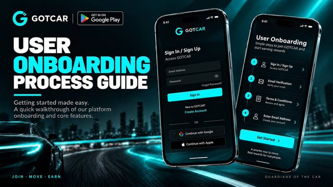 A 'USER ONBOARDING PROCESS GUIDE' for the GOTCAR app, showing mobile screenshots of a sign-in/sign-up screen and a step-by-step onboarding flow.