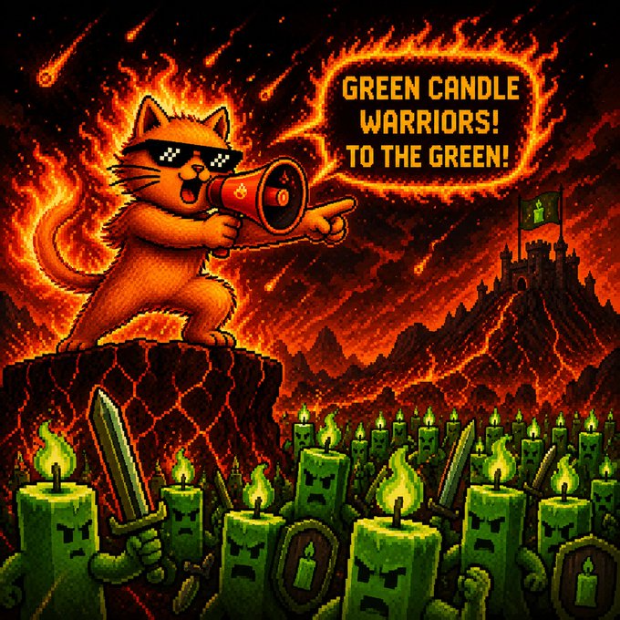 A pixel art image featuring a cat with pixelated sunglasses shouting 'GREEN CANDLE WARRIORS! TO THE GREEN!' through a megaphone, standing before an army of green candles with faces, armed with swords, against a fiery red background.