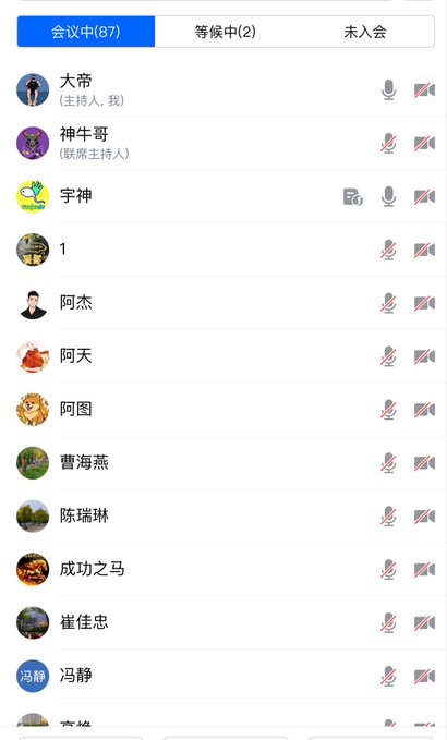A Chinese video conference app interface showing 87 participants in the meeting, 2 waiting, with a list of attendees including 大帝 (host) and 神牛哥.