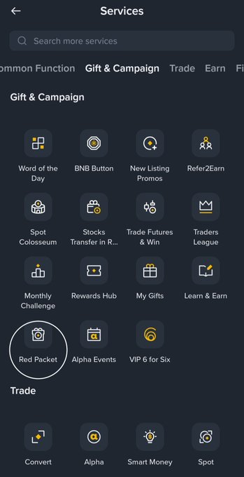 A screenshot of a cryptocurrency app's 'Services' menu, highlighting the 'Red Packet' option with a white circle under the Gift & Campaign category.