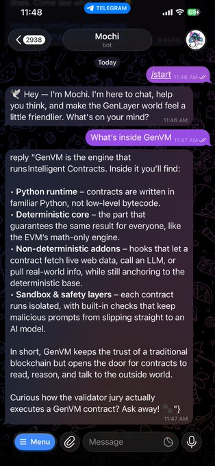 A screenshot of a Telegram chat with the "Mochi" bot, describing GenVM as the engine that runs Intelligent Contracts, detailing its Python runtime, deterministic core, addons, and safety layers.