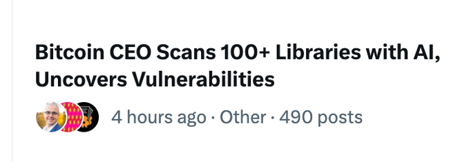A social media post header reads "Bitcoin CEO Scans 100+ Libraries with AI, Uncovers Vulnerabilities," posted 4 hours ago with 490 posts, showing a profile image alongside Bitcoin-themed graphics. The caption connects to a thank-you reply directed at @Rob1Ham, likely the "Bitcoin CEO" mentioned in the article title.