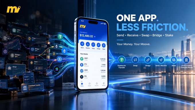A digital advertisement for the 'mv' mobile app with the tagline 'ONE APP. LESS FRICTION', displaying cryptocurrency balances including USDT, ETH, USDC, and SOL.