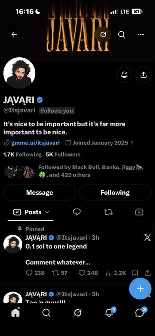 A screenshot of a Twitter/X profile for 'JAVARI (@Itsjavari)' showing the text 'It's nice to be important but it's far more important to be nice', along with follower stats and pinned posts.