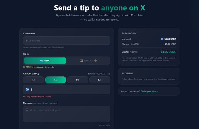 The screenshot shows a tipping interface where users can send USDC to any X username, with options to tip $1, $5, $10, or $25 (with a $5 amount selected, resulting in $4.95 USDC to the creator after a 1% platform fee). A notification states "$PANCHU tipping goes live shortly," indicating that the $PANCHU token will soon be available as a tipping option alongside USDC on this X-based tipping platform.