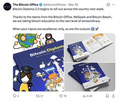A tweet from The Bitcoin Office thanking the Bitcoin Office, Webpark, and Bitcoin Beach for their inputs, announcing 'Bitcoin Diploma 2.0' with images of an educational booklet.