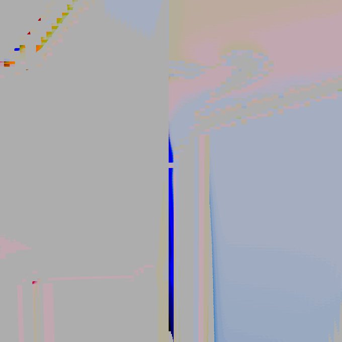 An abstract image with gray, blue, and pink blocks featuring a vertical blue streak in the center and scattered colorful pixelated marks in the upper left.