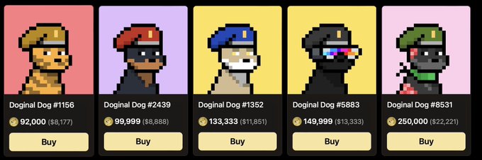 A digital storefront displaying five pixel-art 'Doginal Dog' NFTs (#1156, #2439, #1352, #5883, #8531) available for purchase with prices ranging from 92,000 to 250,000.