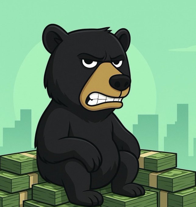 A scowling black bear sits atop stacks of cash, embodying a bearish-yet-determined market mood that mirrors the "lock in" and grind mentality of a fresh Monday.