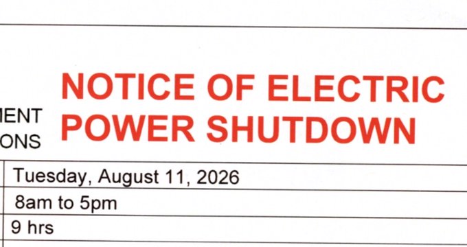 A notice announcing an electric power shutdown on Tuesday, August 11, 2026, from 8am to 5pm (9 hours), which explains the lack of market updates as mentioned in the post about postponing updates until the evening due to the outage.