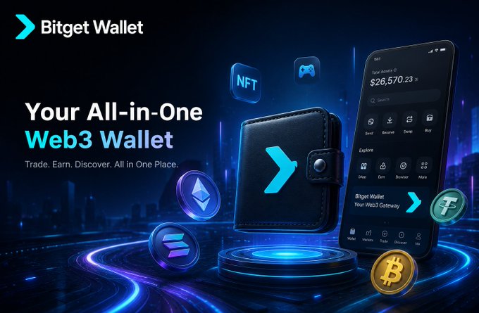 A promotional image for 'Bitget Wallet' describing it as 'Your All-in-One Web3 Wallet' with the tagline 'Trade, Earn, Discover. All in One Place,' showing a phone interface, a physical wallet, and floating cryptocurrency tokens.