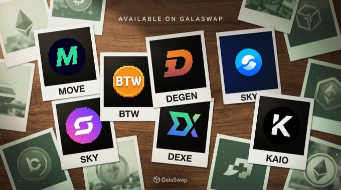 A promotional graphic for GalaSwap displaying newly available tokens—MOVE, BTW, DEGEN, SKY, DEXE, and KAIO—each shown as a colorful logo card arranged on a wooden surface, matching the announcement of new trading options on the platform.