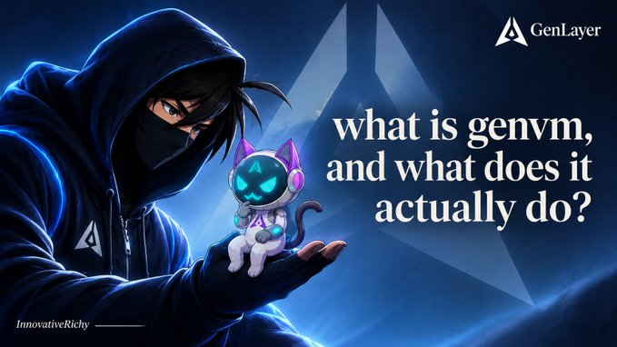 An anime-style hooded figure holds a small robotic cat companion against a blue background featuring the GenLayer logo and text reading "what is genvm, and what does it actually do?"

The image illustrates the post's introduction to GenVM, with the futuristic character and AI-like companion symbolizing the intelligent contracts that GenVM executes within GenLayer's blockchain environment.