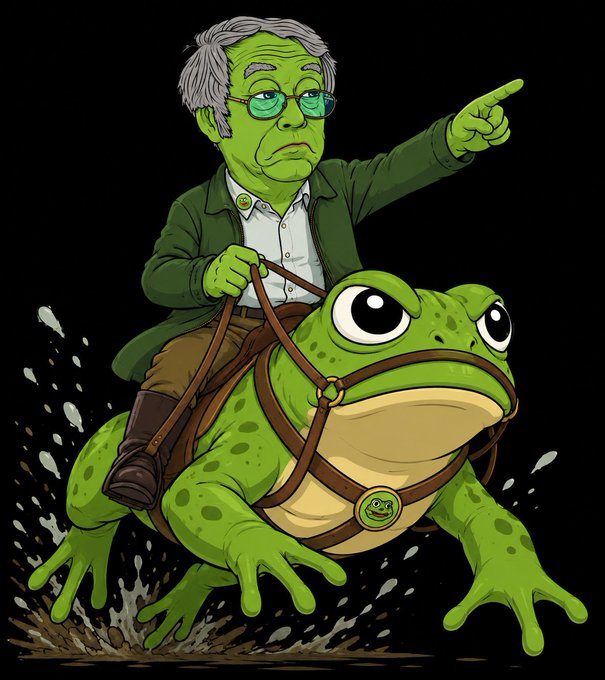 A cartoon illustration shows an older man with glasses and green-tinted skin riding a large green frog/toad, pointing forward as the creature leaps through splashing mud.