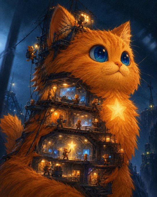 A fantasy digital illustration of a giant orange cat with big blue eyes, featuring an elaborate multi-story structure built into its fur filled with small figures, lit windows, and a glowing star.