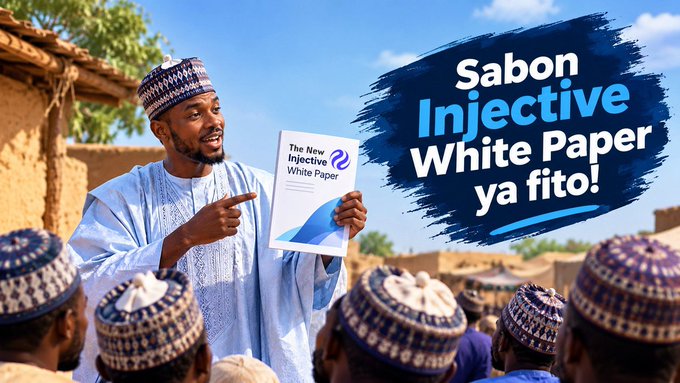 A man in traditional attire holds up a document titled 'The New Injective White Paper' while speaking to a seated audience, with overlay text reading 'Sabon Injective White Paper ya fito!'