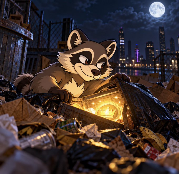 An illustrated raccoon character with an angry expression rummages through a treasure-filled wooden chest in a trash-filled alley, with a city skyline and full moon in the background.