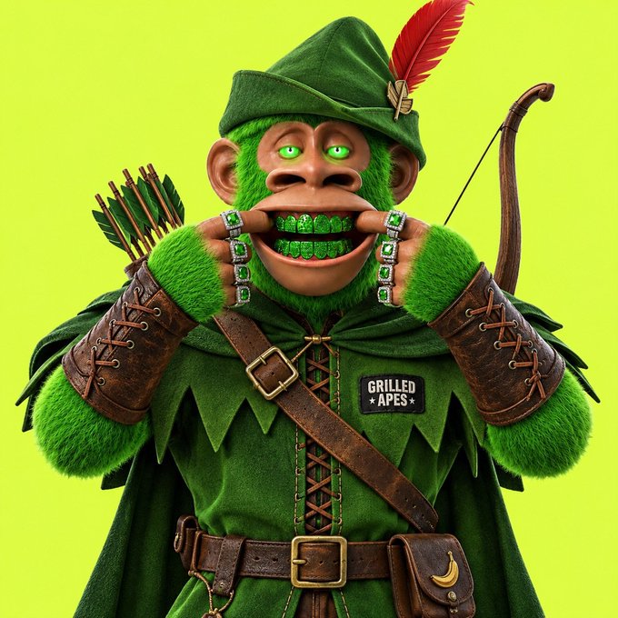 A green furry ape character dressed as Robin Hood pulls back his lips to reveal diamond-encrusted grillz, with a "GRILLED APES" patch on his chest, promoting a giveaway of 20 GTD spots from @GRILLEDAPES.