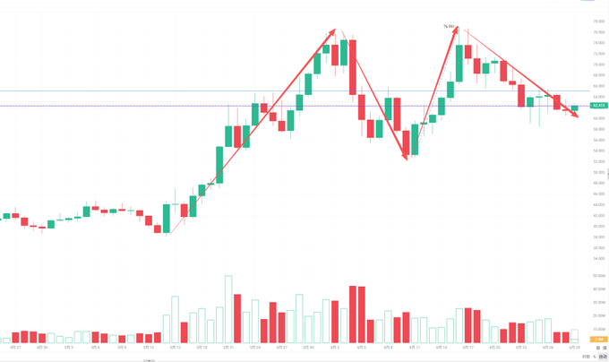 A candlestick chart displays price action for $HYPE, showing a strong uptrend with a double-top pattern near 74.800 before pulling back toward horizontal support around 69.000, accompanied by volume bars below. The red trendline annotations highlight the current corrective wave, suggesting the stock is awaiting a pullback to daily support for confirmation of a new daily-level uptrend.