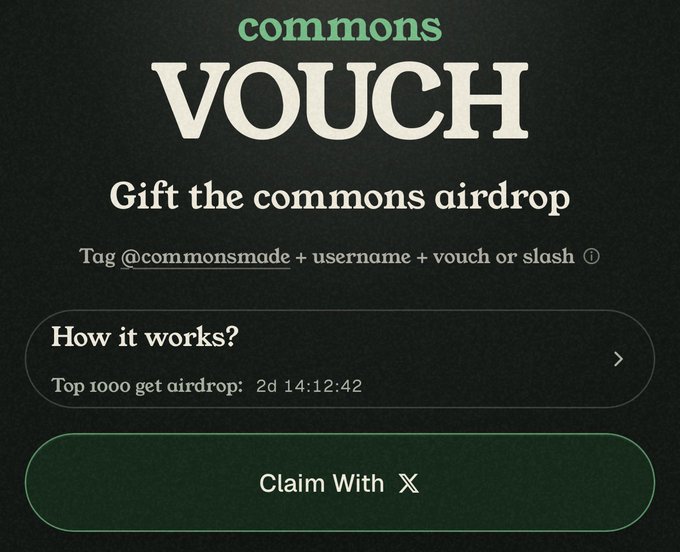 A screenshot of the Vouch airdrop interface by @commonsmade, showing a countdown of "2d 14:12:42" for the "Top 1000 get airdrop" opportunity and a green "Claim With X" button. This aligns with the VibeFi airdrop promotion, highlighting the limited 1,000 spots and X-based claiming method.