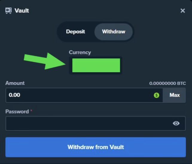 A screenshot of a crypto "Vault" withdrawal interface showing the "Withdraw" tab selected, with a green arrow pointing to the "Currency" field (obscured by a green box) and a "0.00" BTC amount entry. The image appears to tease a giveaway by inviting viewers to guess a hidden balance between $1-$500 in order to withdraw it.