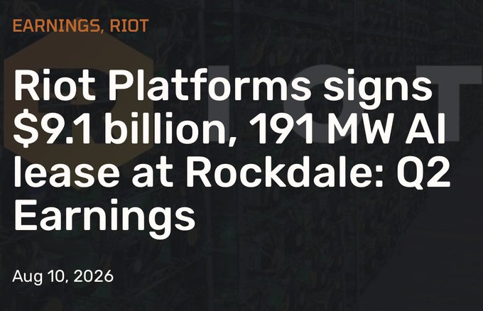 The image is a headline graphic reading "Riot Platforms signs $9.1 billion, 191 MW AI lease at Rockdale: Q2 Earnings," tagged as "EARNINGS, RIOT" with a date of Aug 10, 2026, summarizing the company's announcement of a major 20-year HPC lease deal with an unnamed AI lab at its Texas campus.