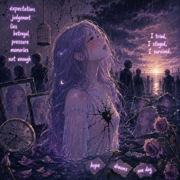 A melancholic purple-toned digital illustration of a girl looking up at the sky, surrounded by shattered mirrors, rose petals, and text including 'expectations, judgement, lies, betrayal, pressure, memories, not enough' and 'I tried, I stayed, I survived.'