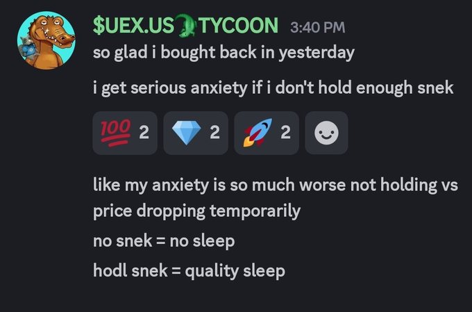 A Discord message from user $UEX.US 🐍 TYCOON at 3:40 PM expressing relief about buying back and anxiety over holding 'snek' (likely Snek crypto) with reaction emojis showing 100 (x2), diamond (x2), rocket (x2), and a smiley face.
