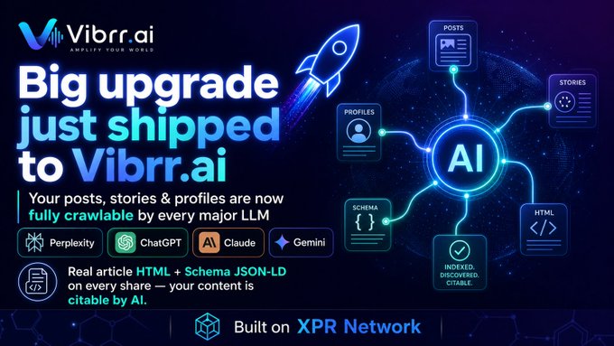 The image features a poster for a website called Vibrrai, which offers a platform for posting articles, stories, and profiles. The poster includes an image of a rocket ship with the text "Big upgrade just shipped to Vibrr.ai". This suggests that there is a new feature or update available on the platform, possibly related to posting content or interacting with other users. The poster also mentions that every post, story, and profile is now fully crawlable by every major LLM (Long List Management), which means that the platform can handle large amounts of data and information efficiently. Additionally, there are several options for sharing the content on various platforms, such as real article HTML, Schema JSON-LD, or even ChatGPT.