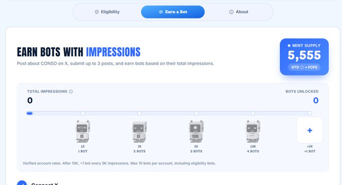 A web interface for an 'Earn a Bot' campaign displays a progress tracker, 'Total Impressions' metrics, and a tiered reward system leading up to '+1 BOT' at 5K impressions.