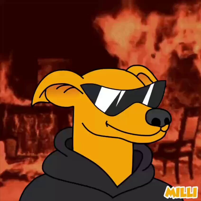 The image features a cartoon dog wearing sunglasses, a hoodie or sweatshirt, and sitting next to chairs. The background of the image shows a fire, which adds an element of danger to the scene. The caption "This is fine" suggests that there might be some sort of conflict between the viewer's expectations and reality in this particular image.