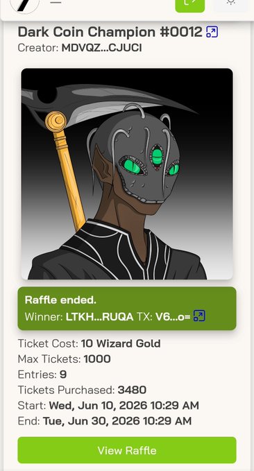 A raffle page for 'Dark Coin Champion #0012' by creator 'MDVQZ...CJUCI', showing a Grim Reaper-style character with a scythe and glowing green eyes; the raffle has ended with winner 'LTKH...RUQA TX: V6...0=' and 3480 tickets purchased at 10 Wizard Gold each.