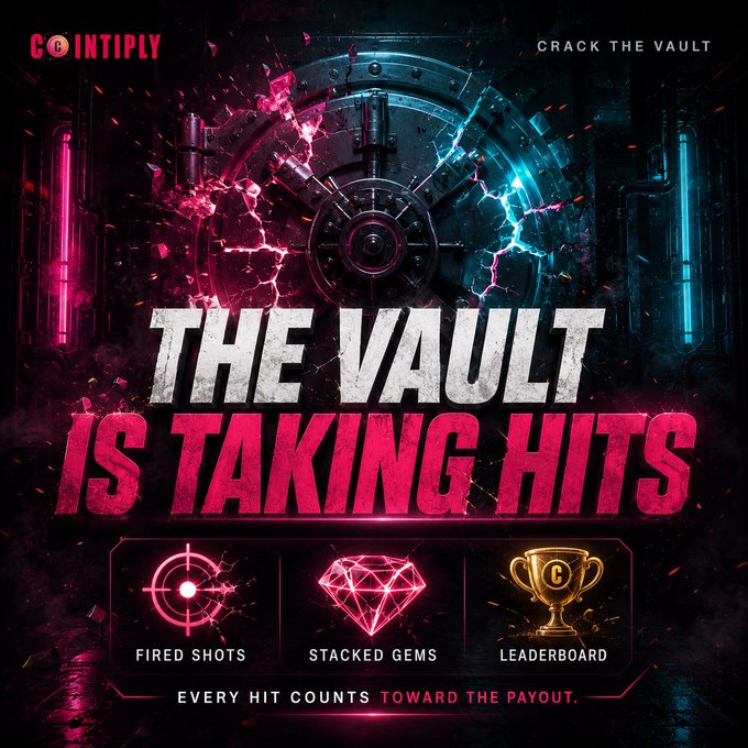 A cracked, glowing vault door with neon pink and teal accents highlights Cointiply's "Crack the Vault" campaign, featuring icons for Fired Shots, Stacked Gems, and Leaderboard to reinforce the post's theme that every hit contributes to the community payout.