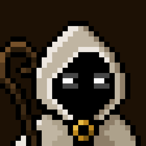 A pixel art portrait of a figure wearing a dark hood and robe, with only gray eyes visible above a gold-trimmed garment.