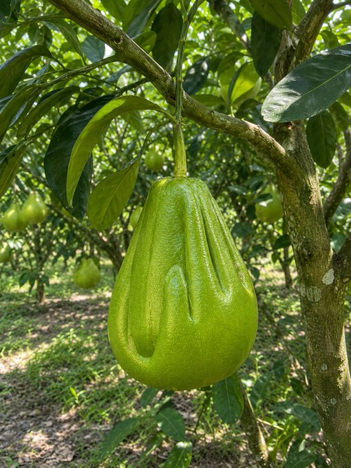 A large, pear-shaped green pomelo fruit hangs from a branch of a tree in what appears to be an orchard setting.