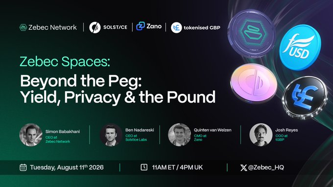 A promotional graphic for "Zebec Spaces: Beyond the Peg: Yield, Privacy & the Pound," a live Twitter/X Spaces discussion on Tuesday, August 11th, 2026, at 11AM ET / 4PM UK featuring Zebec Network CEO Simon Babakhani alongside representatives from Solstice Labs, Zano, and tokenised GBP. The image displays the Zebec Network, Solstice, Zano, and tokenised GBP logos at the top, alongside digital coins representing fUSD, a privacy coin, and pound sterling, visually reinforcing the event's focus on stablecoin innovation, yield generation, privacy, and onchain currencies.
