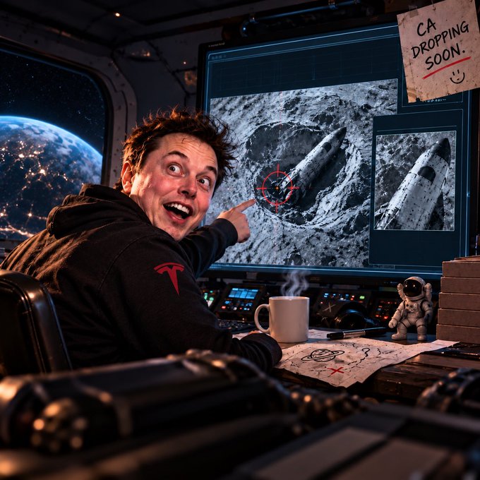 An AI-generated image of Elon Musk in a space setting, excitedly pointing at screens showing rockets on the moon, with a sticky note reading "CA DROPPING SOON."