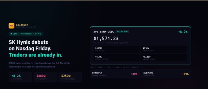 A GoldRush financial dashboard showing an article about SK Hynix debuting on Nasdaq Friday, with XYZ:SKHX-USDC priced at $1,571.23 (+8.2%), and other pre-IPO tickers.