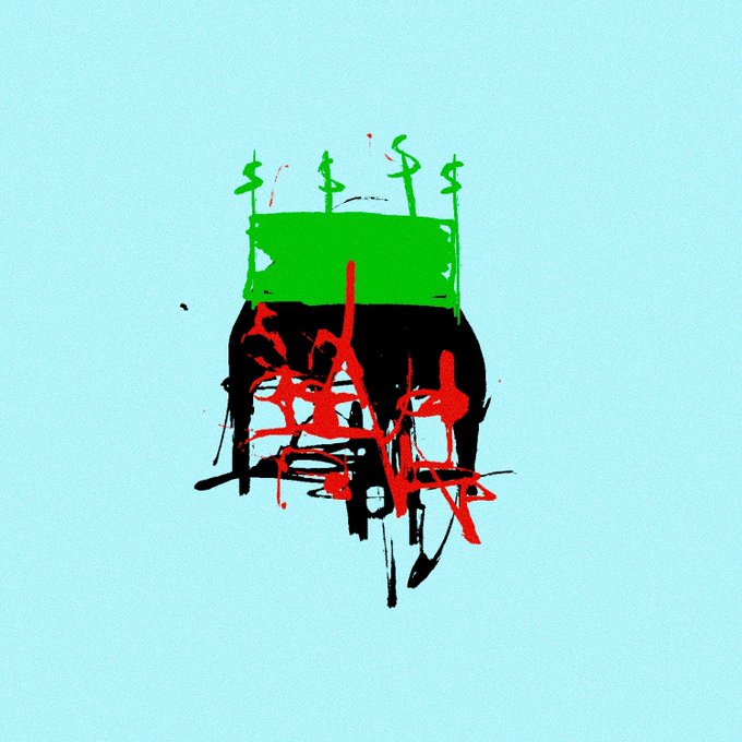 An abstract painting featuring a green rectangular shape resembling a billboard with dollar signs on top, mounted on black supports with red drips against a light blue background.